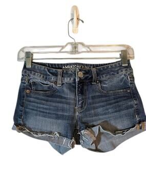 American Eagle Blue Cuffed 360 Super Stretch Denim Jean Shorts Women Sz 2